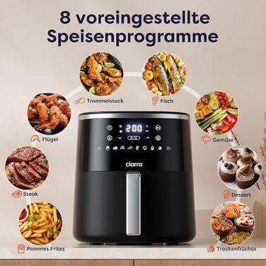 Фритюрниця без олії Ciarra CBAWAF1A AirFryer XL 5л, 1500W, 8 програм, 80-200°C, RapidAir, Touchscreen, Чорний