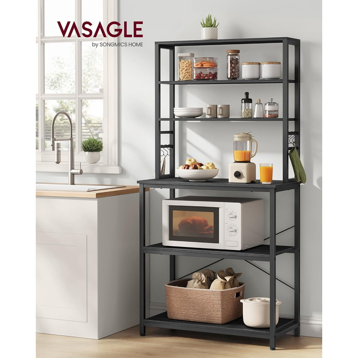 Стелаж кухонний VASAGLE, 6 полиць, гачки, сталевий каркас, 40 x 60 x 167 см, колір горіх + білий