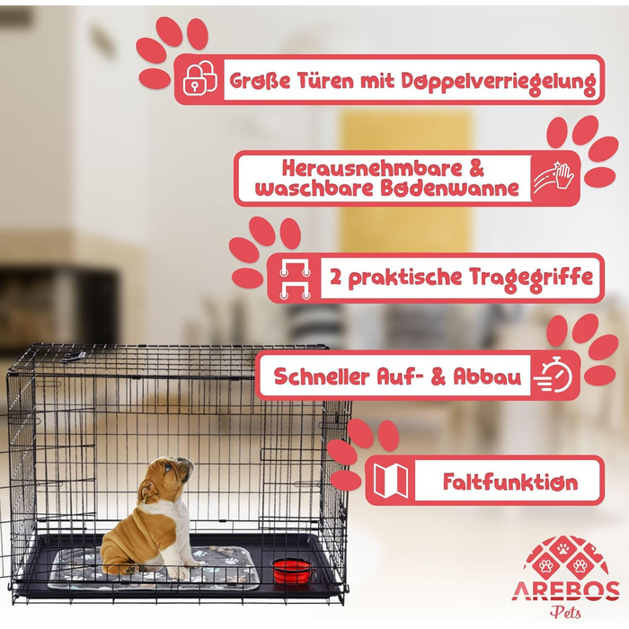 Клітка для собак Arebos 77,5 x 53 x 59 см | Транспортна переноска для собак, складана | Чорна клітка для собак | Клітка для собак з 2 дверцятами
