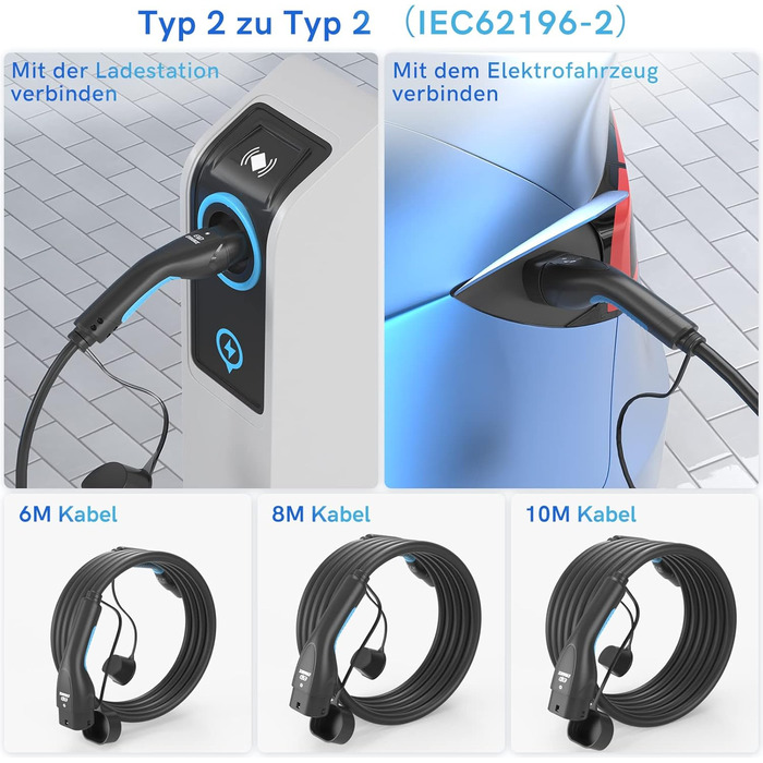 Кабель для зарядки електромобіля Тип 2, 16A, 3 фази, 11 кВт з сумкою, 6м. Сумісний з усіма електромобілями (22 кВт, 32A)