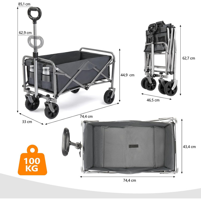 Візок-теліжка Bonllo Bollerwagen складний, 100 кг, Oxford 600D, сірий - для кемпінгу, покупок, саду