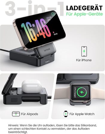 Зарядний станція Lamicall 3-в-1 для MagSafe: iPhone, Apple Watch, AirPods. Складана, портативна, бездротова. Сумісна з iPhone 17/16/15/14 Pro Max Plus Air.