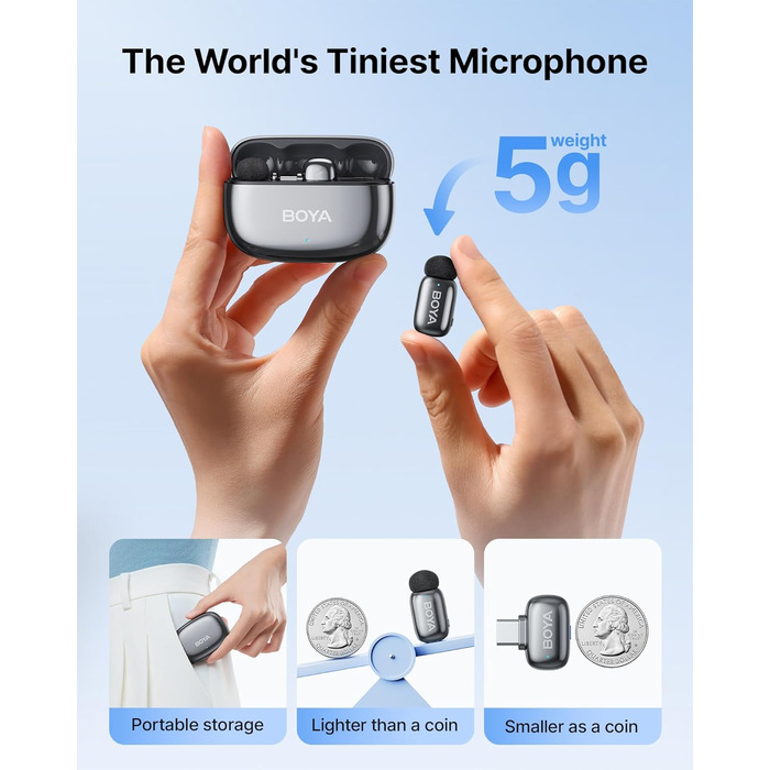 BOYA MINI 2: Портативний мікрофон з USB-C, 48kHz/24Bit, 100м, 30год, для iPhone, Android, Vlogging, YouTube, інтерв'ю (Space Silver)