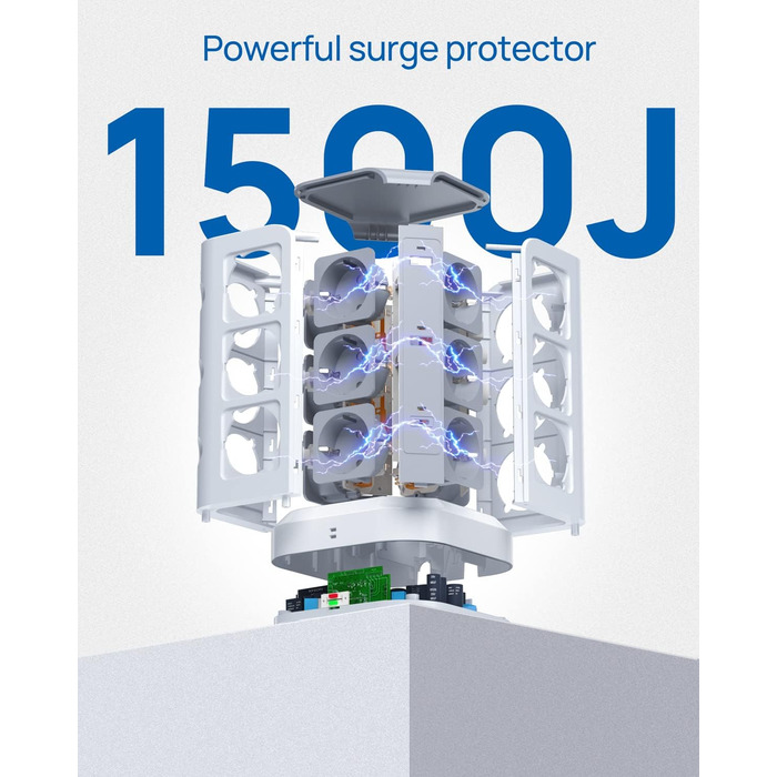 Стедова вежа KOOSLA з 12 розетками, захистом від перенапруги (4000W/16A), 6 USB-портів (20W USB-C), 2м, для офісу, кухні, столу (білий)