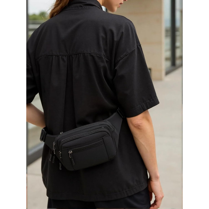 Чоловіча/жіноча поясна сумка-бананка з 5 відділеннями, водонепроникна, для подорожей, прогулянок з собакою та активного відпочинку, чорна