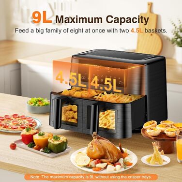 Дво-зонна аерофритюрниця з віконцем, 9 л XL, подвійний Airfryer з двома кошиками, 9-в-1, сенсорне керування, таймер, розумна, для здорового приготування без олії