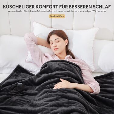 Електрична ковдра Warmrest, фланель, 130x180 см, 6 температурних режимів, таймер 1-10 год, захист від перегріву, пральна машина, 130x180 см (сіра)