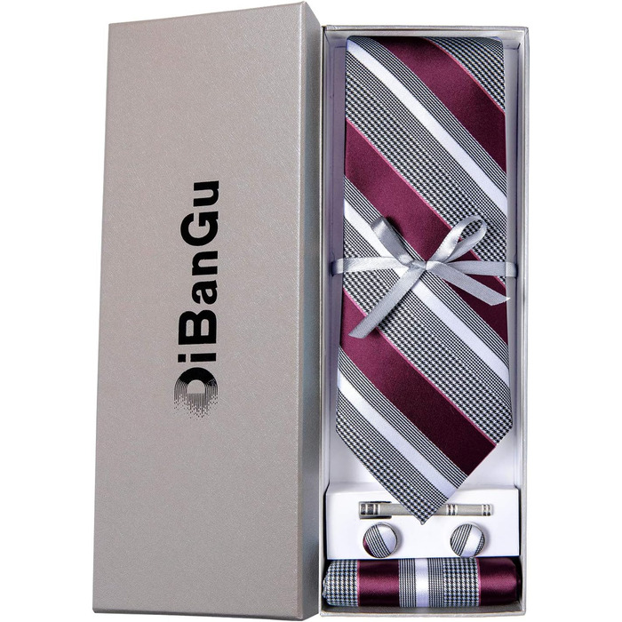Набір краваткових аксесуарів DiBanGu: краватка, хустинка, запонки, затискач для краватки (сірий/бордовий)