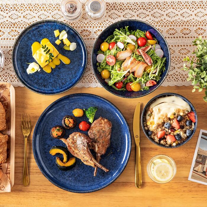 Vancasso Starry 24-Piece Blue Stoneware Dinnerware Set for 6 - Complete Tableware Set with Plates, Bowls