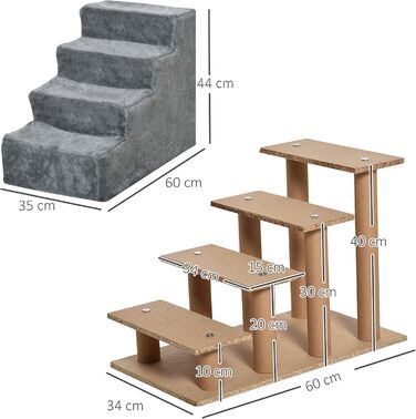 PawHut 4-Step Dog Stairs, 35cm Cat Stairs for Bed and Sofa, Pet Stairs for Dogs and Cats up to 5 kg, Plush Appearance (60L x 35W x 44H cm, Light Grey)