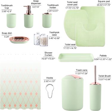 9-Piece Bathroom Accessory Set – Trash Can, Soap Dispenser Set, Soap Dish, Toilet Brush with Holder, Toothbrush Holder, Cup, Tray, Cotton Swab Holder, (Green Bathroom Set + Shower Curtain + Rugs)