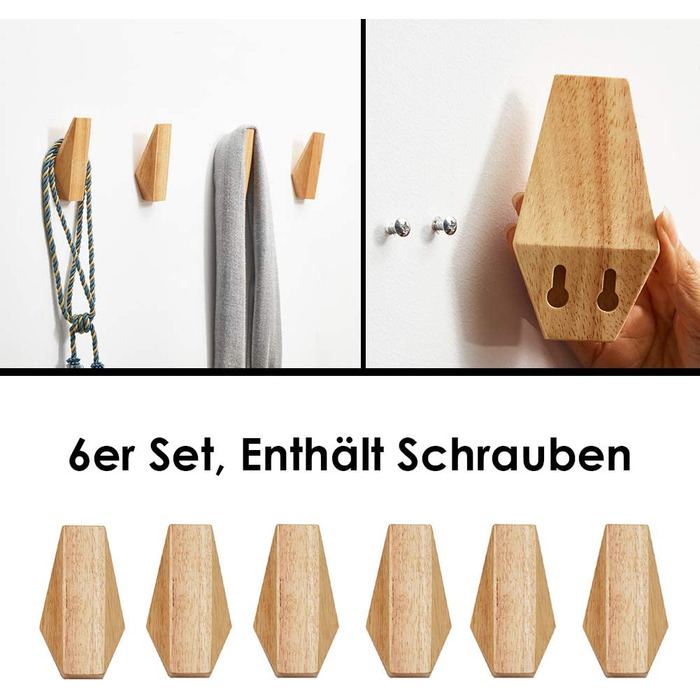 Wmama Matty-LZ 6-Piece Vintage Wooden Hooks, Wood Hangers, 5kg Load Capacity, Wall Hooks, Bathrobe Hooks, Hat Hooks, Clothes Hooks, Multi-Purpose Hooks, Key Hooks (C Wood Color - Set of 6)