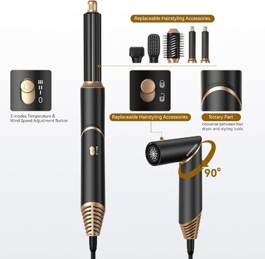 UKLISS 5-в-1 Фен-стайлер для волосся з набором плойки, щітки та інших насадок. Чорний/Золотий. Ідеальний подарунок для жінок
