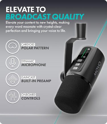 Динамічний мікрофон для подкастів Movo UM6 з підсилювачем GainCast, USB-C та XLR — студійний мікрофон для стрімінгу, геймінгу, вокалу та створення контенту