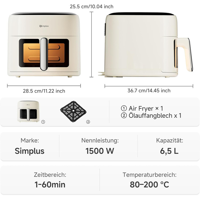 Аерофритюрниця SIMPLUS Airfryer XL 6.5 л з вікном та сенсорним керуванням, 1500 Вт, 10 програм, антипригарне покриття