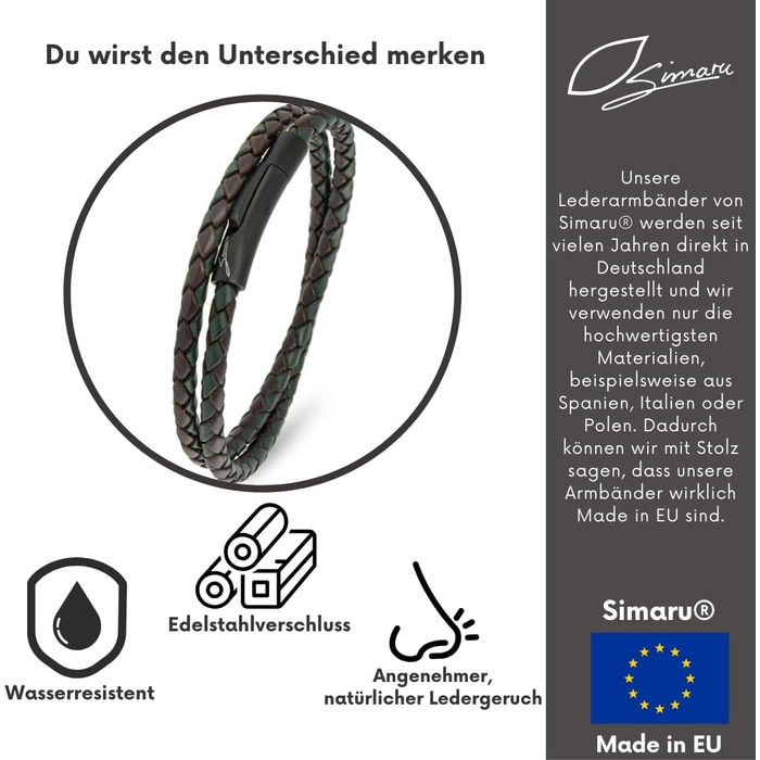 Преміум шкіряний браслет ручної роботи з Німеччини, унісекс. Обплетений шкіряний браслет з нержавіючої сталі, темно-зелений (S - до 16 см)