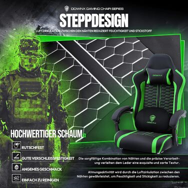 Ігровий крісло Dowinx з підігрівом, масажем, подушкою для попереку, підставкою для ніг та кишеньковою подушкою. Зелений крісло для геймерів, PC крісло для дорослих