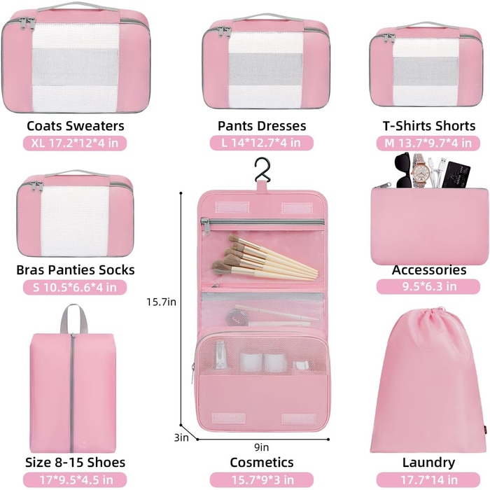 Органайзери для подорожей BAGAIL, набір 10 шт. різних розмірів, для ручної поклажі, колір: м'ятно-зелений