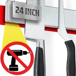 Strong Adhesive (No Drilling) Magnetic Knife Holder for Wall – Professional 24 Inch Knife Strip – No Screws Required – Self-Adhesive Backing – Stainless Steel Knife Rail