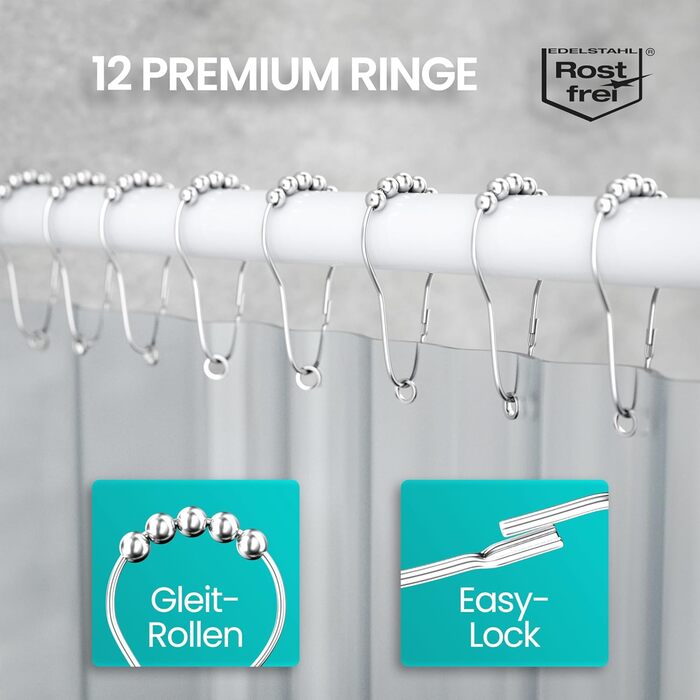 Штанга для душу без свердління з 12 кільцями - телескопічна сталева штанга 120-215 см для ванни та душу (біла)