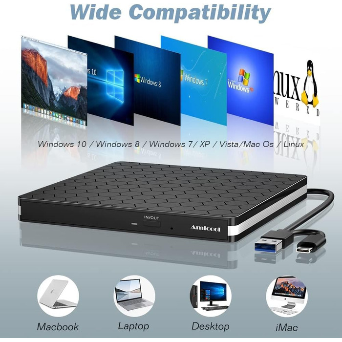 Зовнішній DVD-накопичувач Amicool USB 3.0 та Type-C, портативний CD/DVD +/-RW привід для ноутбука, ПК та MacBook (Windows, macOS, Linux)