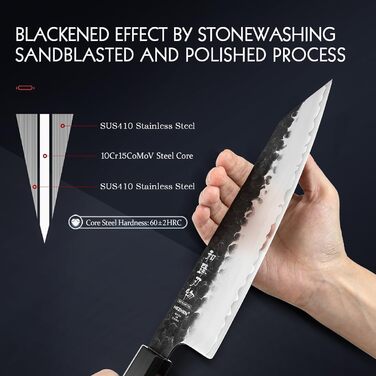 Японський ніж Kiritsuke Messer 21.5 см, сталь 3 шари, професійний, ручка з червоного дерева, дерев'яна піхва