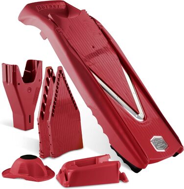 Набір Börner Gemüsehobel V5 (Profi Set): 7-частинний набір для нарізки овочів з регульованим V-подібним ножем з нержавіючої сталі, включає док-станцію. Червоний колір.