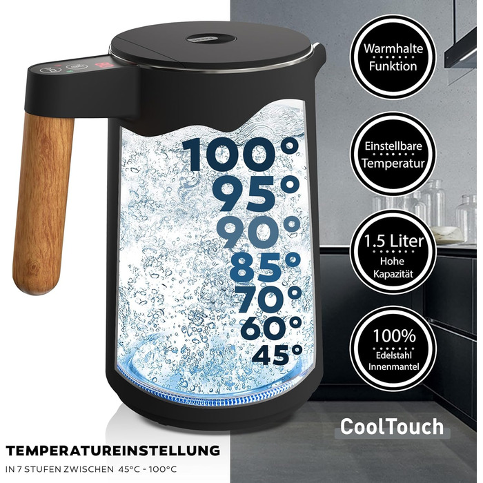 BALTER Stainless Steel Kettle with Temperature Setting, 45°C-100°C, Double-Walled, BPA Free, Quiet & Cordless, Keep Warm Function, Tea Kettle with Temperature Display, 1.5L, 2200W, Black (Blue Gray)