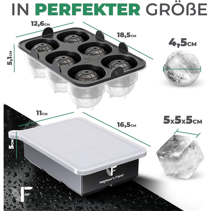 Neighbour's Friend Patented Ice Sphere Mold with XXL Ice Cube Mold - Large Round Silicone Ice Cube Mold for Cocktails, Whisky & Long Drinks - 6x Ice Cubes & 6x Ice Spheres, Dishwasher Safe