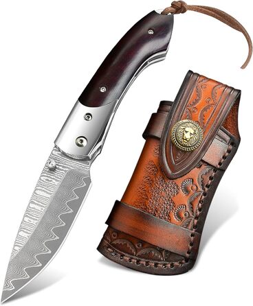 Складаний дамаський ніж NedFoss SWORDFISH 7 см, 67 шарів VG10, дерев'яна ручка, чохол і кліпса, мисливський ніж для колекції та подарунку