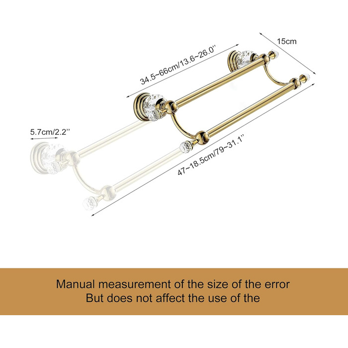 Golden Bathroom Toothbrush Holder, Gold Crystals, Bathroom Hardware (Double Towel Bar, Bright Gold)