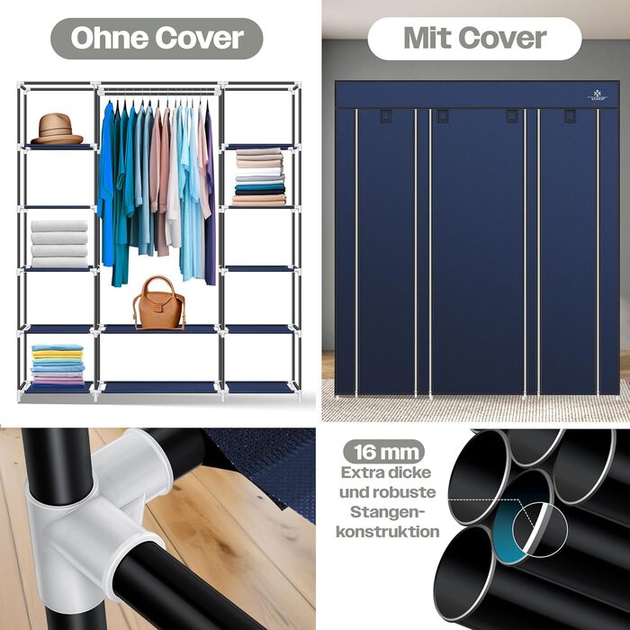 KESSER® Wardrobe Clothes Closet Stable with Clothes Rail & Shelves, Incl. 5x Clothes Hangers, Fabric Folding Closet for Bedroom, Dressing Room Wardrobe with Clothes Rack 150x45x175cm (Navy Blue)