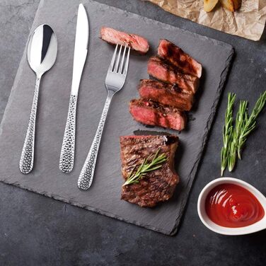 HaWare Набір столових приборів, 60 предметів: нержавіюча сталь, для 12 осіб (ніж, виделка, ложка), сучасний дизайн з молотковою ручкою, для дому, вечірки, готелю, ресторану, високоглянцеве покриття, придатний для миття в посудомийній машині