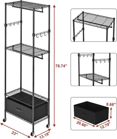 Clothes Rack, Clothes Rack, 4 Tier, Adjustable Closet Organizer System with Drawer | Double Rods | Side Hooks | Holds 445 lbs
