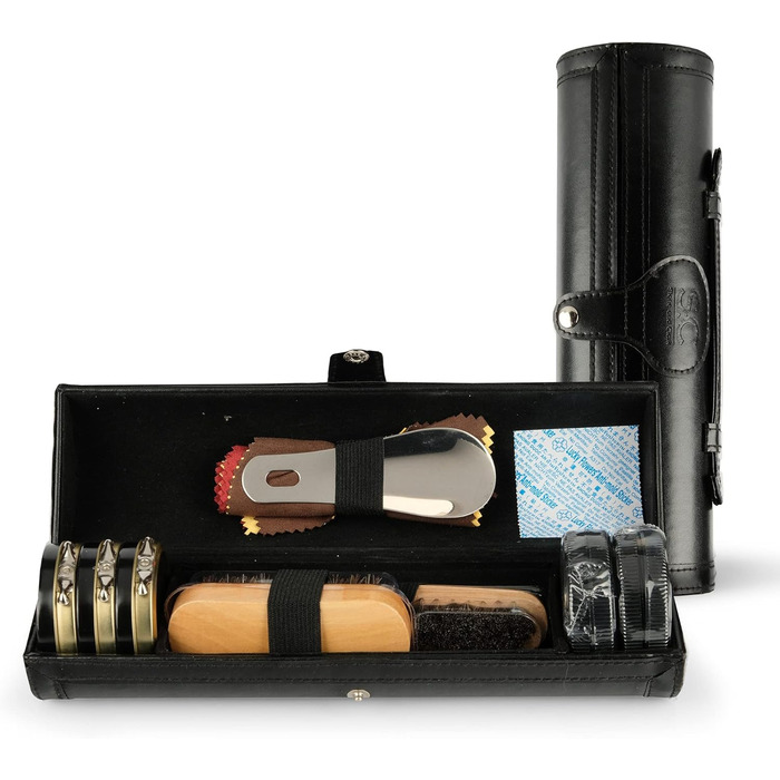 Stone & Clark 12-Piece Shoe Cream & Leather Care Set with Brown Wax, Polishing Shoe Brushes, Compact Shoe Shine Kit with Horsehair Brushes & PU (Classic Black Kit)