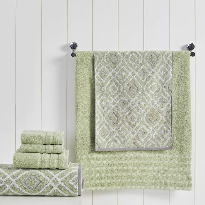 Amrapur Overseas Modern Threads Towel Set, 6-Piece, Oxford Stripe, Jacquard/Solid, Ultra-Soft, 500 g/m², 100% Combed Cotton, Sage Green Standard Gray-Green