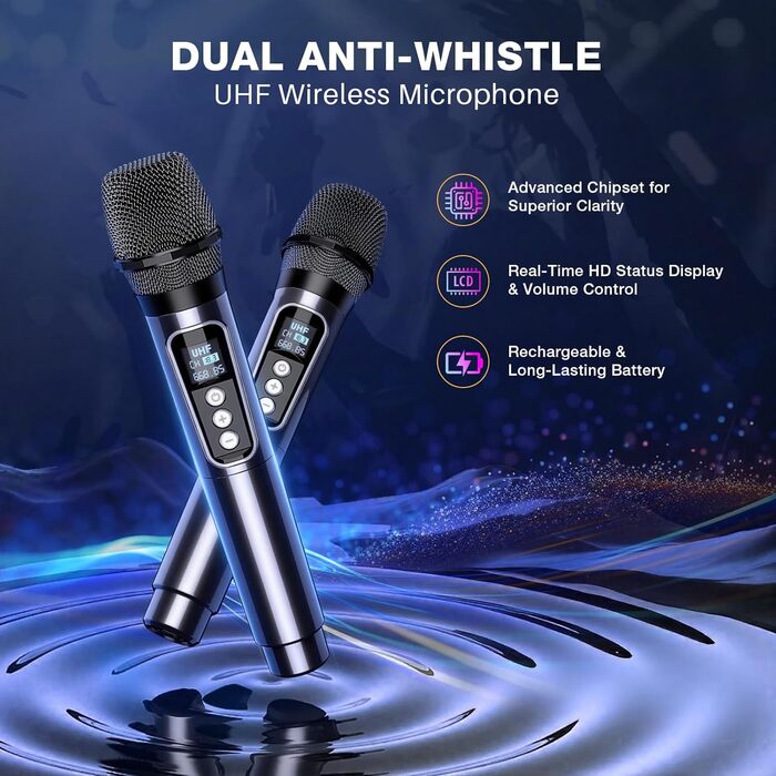 Портативна караоке-колонка Dislocati з 2 мікрофонами, 20W, LED-підсвітка, Bluetooth 5.3, AUX/USB, до 12 годин роботи - ідеальний подарунок для дітей та дорослих, чорний колір