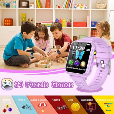 Смарт-годинник Clleylise для дітей 4-12 років: ігри, музика, камера, лічильник кроків, телефонні дзвінки (фіолетовий)