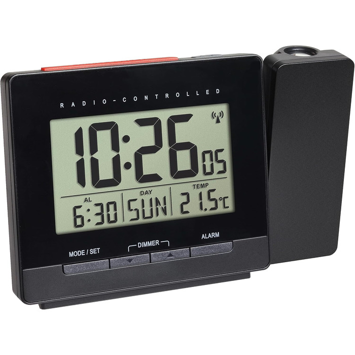 TFA Dostmann Projection Alarm Clock, Radio-Digital Alarm Clock with Projection, 60.5016, with Temperature Display, Snooze, Multi-Language Weekday, Adjustable Display Illumination, Black