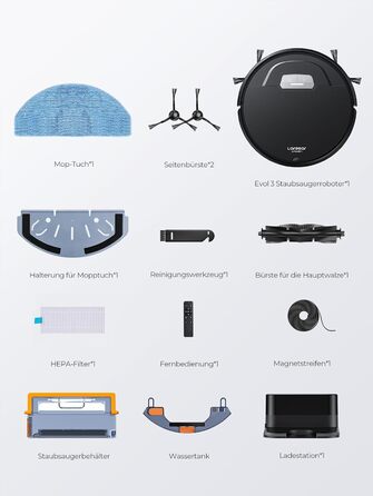 Робот-пилосос Laresar з функцією миття, 4500Pa, 3-в-1, з пультом дистанційного керування, 180 хвилин роботи, для тварин, килимів, твердих підлог, чорний