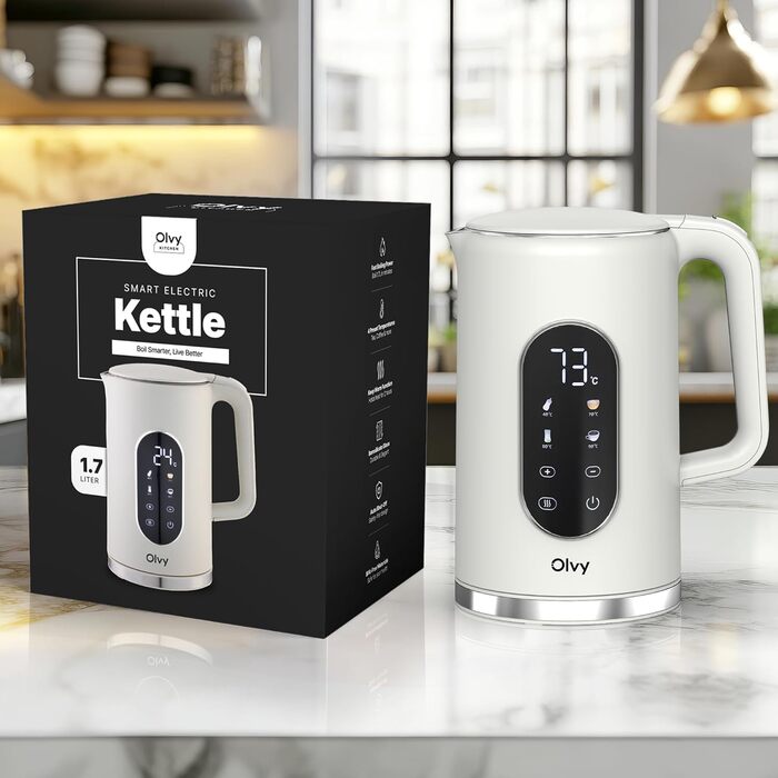 Електричний чайник Olvy 1.7L з регулюванням температури – Швидкий, з нержавіючої сталі, 2200W, з функцією підтримання тепла, подвійні стінки (Білий)