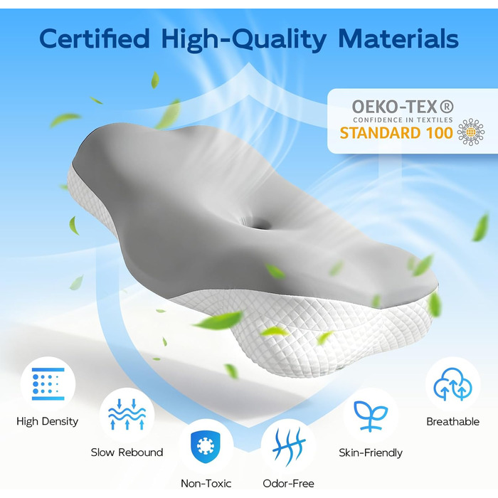 Подушка Ecliptron з піною з пам'яті: ергономічна подушка для шиї, дихаюча, знімний чохол, для тих, хто спить на боці, спині та животі (сіра)