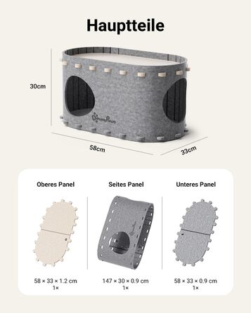 Будиночок для котів з фетру, лежанка для котів, будиночок-печеричка, 58 x 33 x 30 см, ігровий, зимовий, захист кігтів, сірий (один)