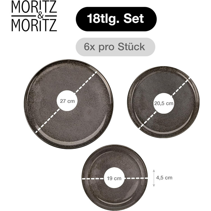 Набір посуду Moritz & Moritz VIDA на 6 осіб, 18 предметів - Сучасний набір посуду з порцеляни, стійкий до подряпин, підходить для мікрохвильової печі та посудомийної машини, сервіз на 6 осіб, колір антрацит