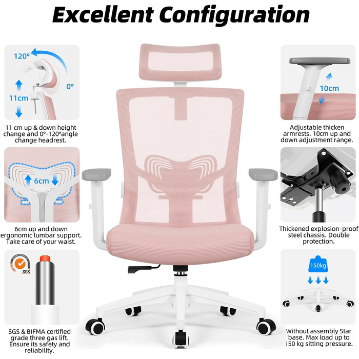 Ергономічне крісло Daccormax для офісу: регульована спинка, підголівник, підлокітники, витривале до 150 кг (Рожевий)