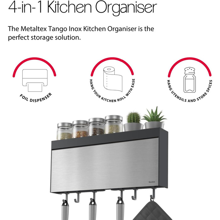 Metaltex Tango INOX Kitchen Roll Dispenser for 3 Rolls with Stainless Steel Front, Silver