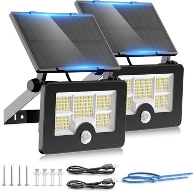 Solar Security Light for Outdoors with Motion Sensor, 122 LED 4 Modes Spotlight, USB Cable 2200mAh IP65 Solar Light Fence Light for Garden 【2 Pack】