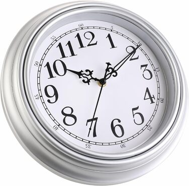 Plumeet Extra Large Wall Clock Classic Quiet Wall Clock without Ticking for Living Room - Bedroom - Battery Operated (Arabic Numerals) (25cm, Silver)