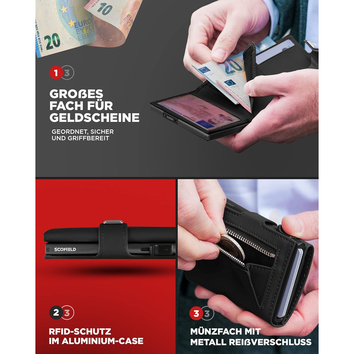 Чоловічий гаманець SF SCOFIELD з відділенням для монет | Тонкий гаманець на 9-11 карток | RFID захист | Чоловіче портмоне | Гаманець з монетницею | Чорний | Slim Wallet