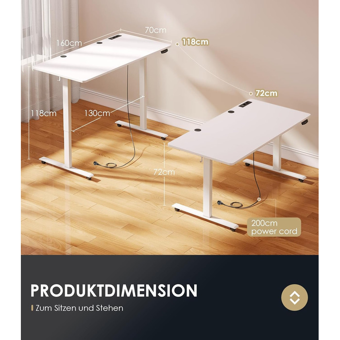 Регульований стіл OffiGo 160x70 см, електричний, з USB, 2 пам'яті, для офісу та дому, білий